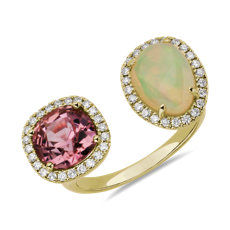 Pink Tourmaline and Opal Two Stone Ring in 18k Yellow Gold