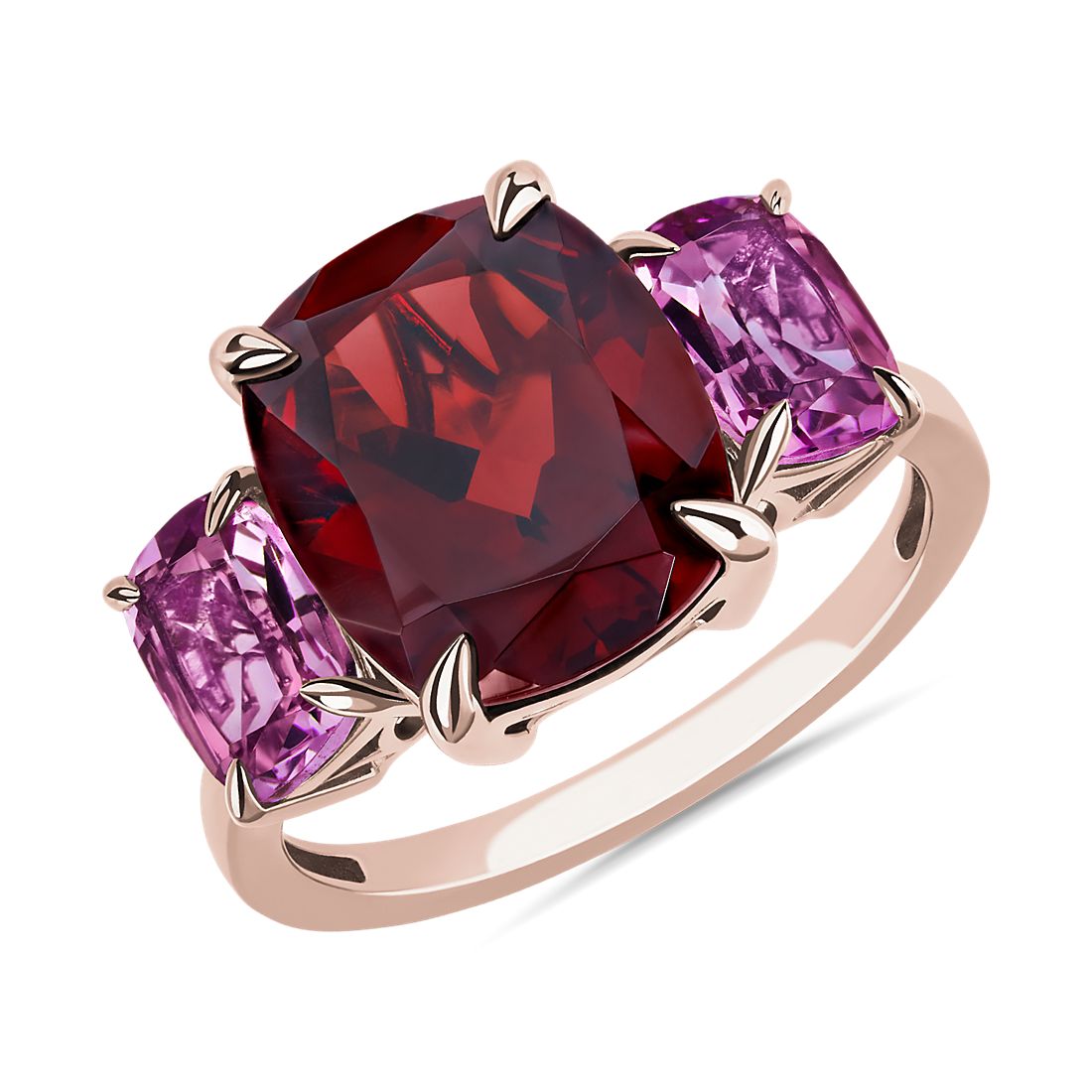 3-Stone Elongated Cushion Cut Garnet and Purple Rhodolite Ring in 14k Rose Gold