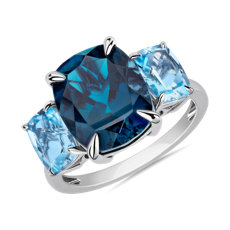 NEW 3-Stone Elongated Cushion Cut London Blue Topaz and Sky Blue Topaz Ring in 14k White Gold