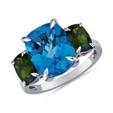 NEW 3-Stone Elongated Cushion Swiss Blue Topaz and Green Chrome Ring in 14k White Gold