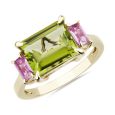 3-Stone Emerald-Cut Peridot and Baguette Pink Sapphire Sidestone Ring in 14k Yellow Gold