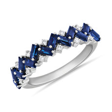  18k 白金长方形蓝宝石与圆点钻石相间排列戒指