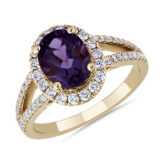 新款 14k 黃金橢圓形紫水晶與鑽石光環分叉戒環戒指 （9x7 毫米）