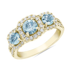 14k 黃金圓形海藍寶石與鑽石戒指