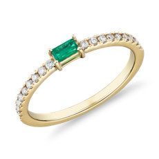 14k 黃金長方形綠寶石搭鑽石密釘層疊戒指(3.5x2 毫米)