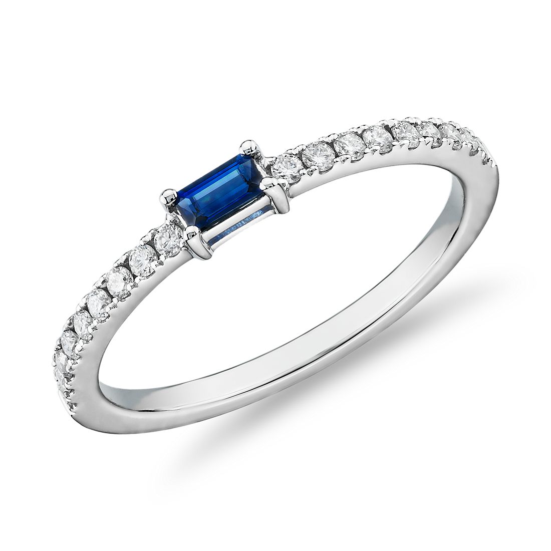 Baguette Sapphire and Diamond Pavé Stacking Ring in 14k White Gold (3.5x2mm)