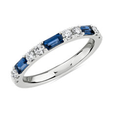 14k 白金長方形藍寶石與鑽石相間排列戒指