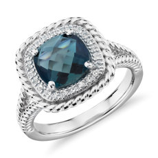 925 純銀Corda 墊形切割倫敦藍色托帕石光環戒指（8 毫米） 