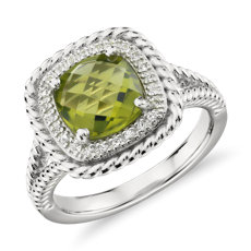 925 纯银 Corda 垫形切割橄榄石光环戒指（8 毫米） 