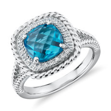 925 純銀Corda 墊形切割瑞士藍色托帕石光環戒指（8 毫米） 
