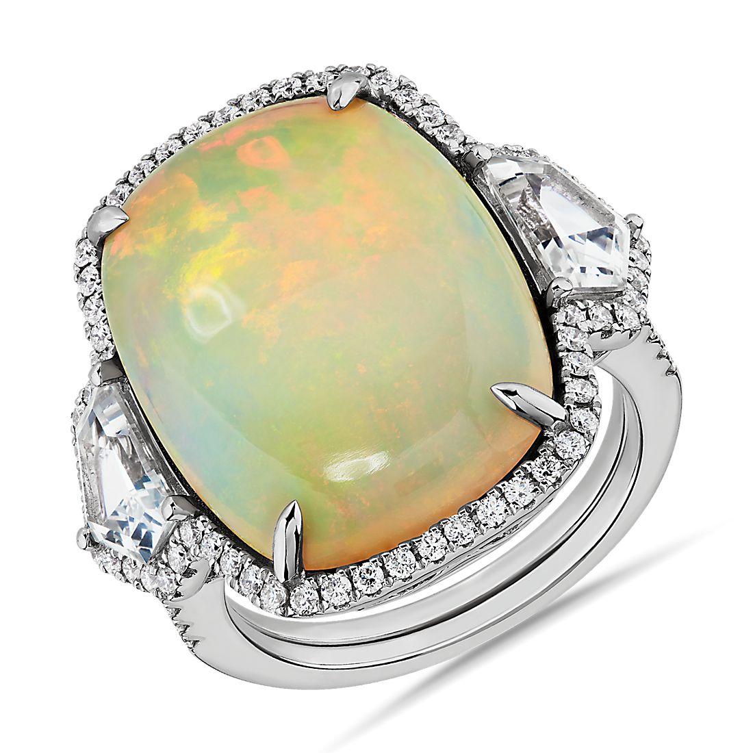 Cushion Cut Opal with Cadillac Cut White Sapphire Ring in 18k White Gold