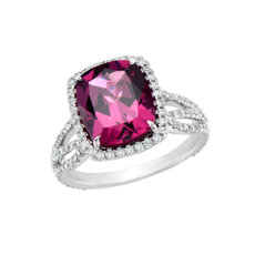 NEW Cushion Rhodolite and Diamond Halo Ring in 18k White Gold (11x9mm)