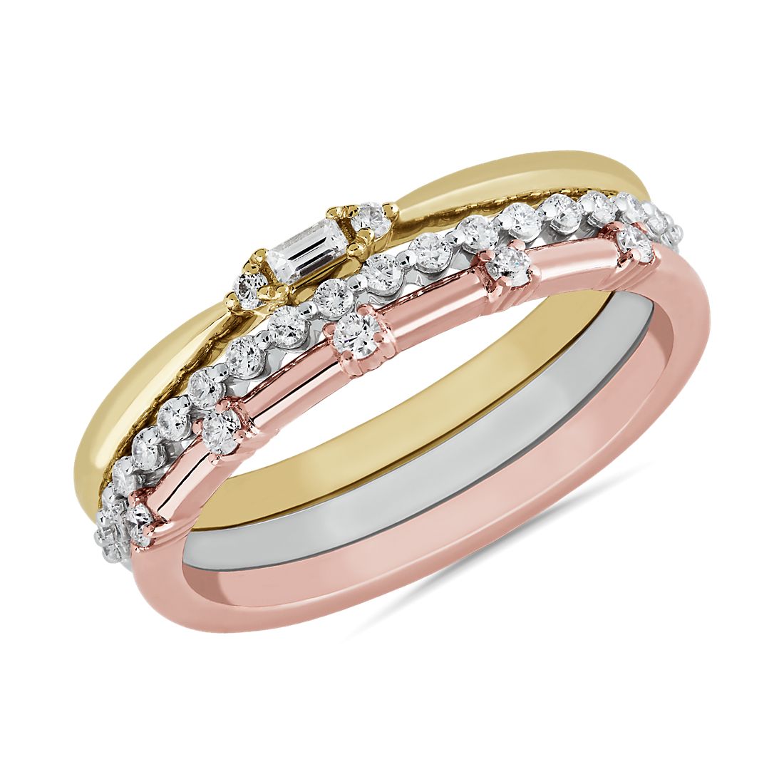 Delicate Diamond Stacking Ring Set in 14k White, Yellow, and Rose Gold (1/5 ct. tw.)