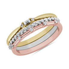 新款 14k 白金、黃金和玫瑰金精緻鑽石疊戴戒指套裝 （1/5 克拉總重量）