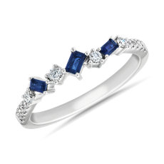 18k 白金钻石蓝宝石小巧长方形时尚戒指