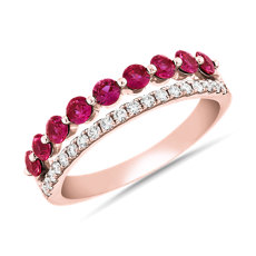 Double Row Riviera Pavé Diamond and Ruby Fashion ring in 18K Rose Gold