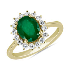 Oval Emerald and Diamond Sunburst Halo Ring 14k in Yellow Gold (9x7mm)