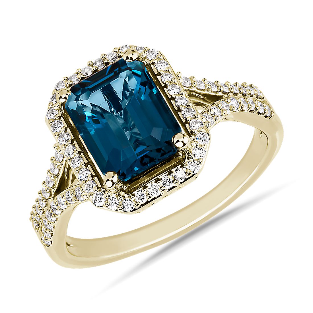 14k Yellow Gold/Sterling Silver 7x5mm Emerald Cut Genuine London Blue Topaz Ring 