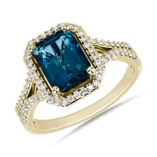 Emerald Cut London Blue Topaz and Diamond Split Shank Ring in 14k Yellow Gold