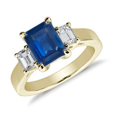 新款 14k 金祖母绿形切割蓝宝石与钻石戒指（8x6 毫米）