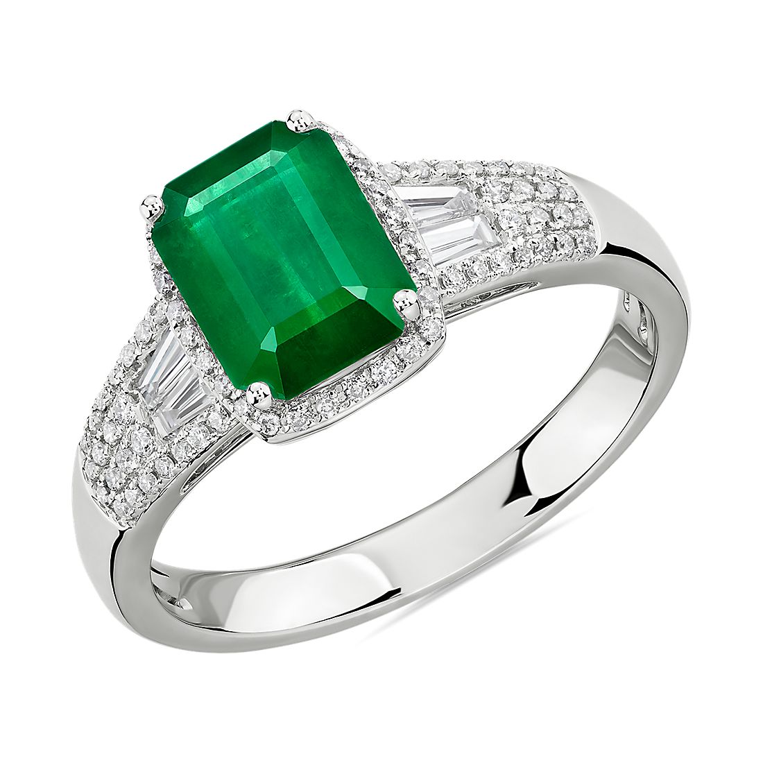 Emerald Ring with Diamond Baguette Accents in 14k White Gold