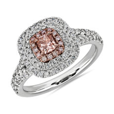 NEW Fancy Brownish Orangy Pink Radiant Diamond Centre with Triple Halo Ring in Platinum and 18k Rose Gold (0.94 ct. tw.)