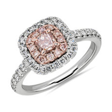 NEW Fancy Brownish Pink Cushion Diamond Centre with Double Halo Ring in Platinum and 18k Rose Gold (0.97 ct. tw.)