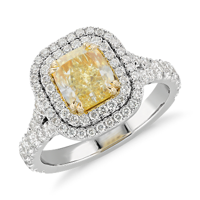 Fancy Intense Yellow Cushion-Cut Diamond Ring in Platinum and 18k Yellow  Gold