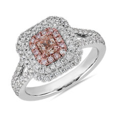 NEW Fancy Light Pinkish Brown Radiant Diamond (0.27 ct.) Centre with Triple Diamond Halo Split Shank Ring in Platinum and 18k Rose Gold (0.84 ct. tw.)