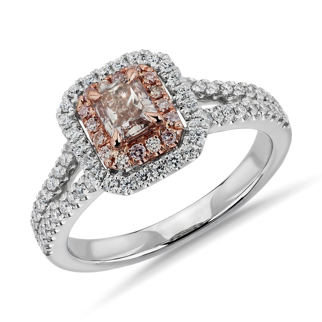 Fancy Pink Brown Cushion-Cut Diamond and Double Halo Diamond Ring in Platinum and 18k Rose Gold (0.83 ct. tw.)