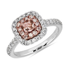 NEW Fancy Pinkish Brown Cushion Diamond (0.34 ct.) Centre with Double Diamond Halo Ring in Platinum and 18k Rose Gold (0.96 ct. tw.)