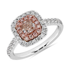 NEW Fancy Pinkish Brown Cushion Diamond Centre with Double Halo Ring in Platinum and 18k Rose Gold (1.09 ct. tw.)