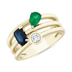 14k 黃金仿層疊戒指搭藍寶石、綠寶石與鑽石