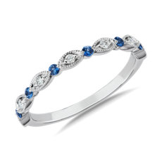 Milgrain Marquise Diamond and Blue Sapphire Ring in 18k White Gold(1.6mm)