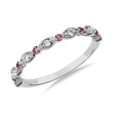 Milgrain Marquise Diamond and Pink Sapphire Ring in 18k White Gold（1.6mm)