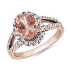 NUEVO. Anillo de cuerpo dividido con morganita ovalada y halo de diamantes, en oro rosado de 14 k (9x7 mm)