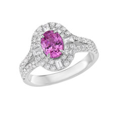 NEW Oval Pink Sapphire and Diamond Halo Ring in 18k White Gold (7x5mm)