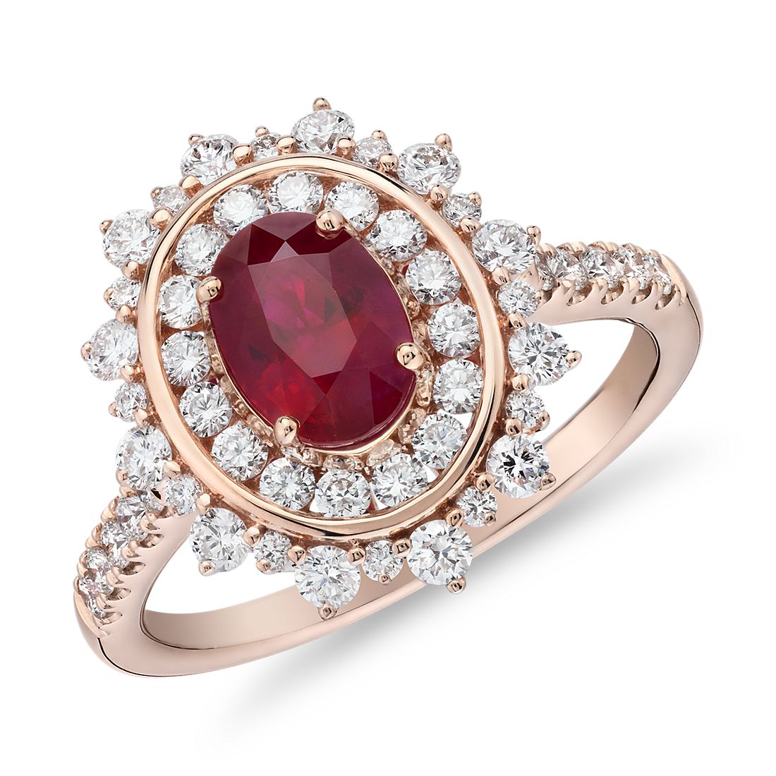 Oval Ruby Ring with Double Diamond Halo in 14k Rose Gold (7x5mm)
