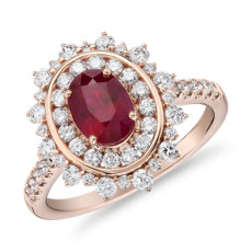 Anillo de rubí ovalado con halo doble de diamantes en oro rosado de 14 k (7x5 mm)
