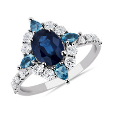 18k 白金橢圓藍寶石、鑽石與海藍寶石光環戒指