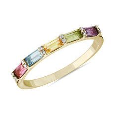 Pastel Multi Rainbow Gemstone and Diamond Ring in 14k Yellow Gold