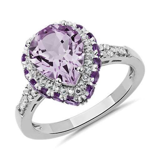 Pear Shaped Amethyst Ring in Sterling Silver with White Topaz 
