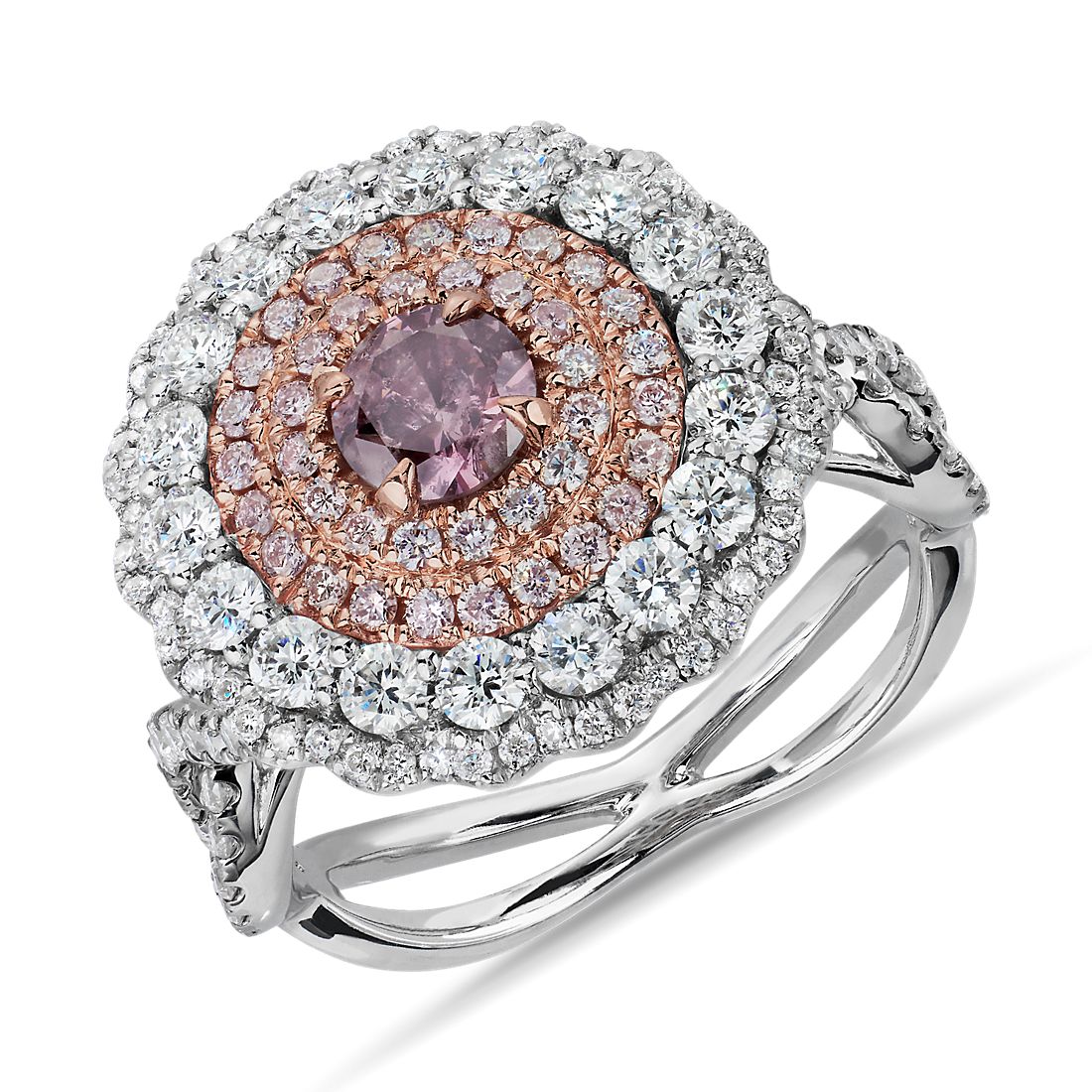 Pink Diamond with Diamond Halos Ring in Platinum and 18k Rose Gold (1.79 ct. tw.)