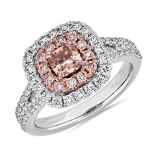 NEW Pink Radiant Diamond Centre with Double Halo Ring in Platinum and 18k Rose Gold (1.25 ct. tw.)