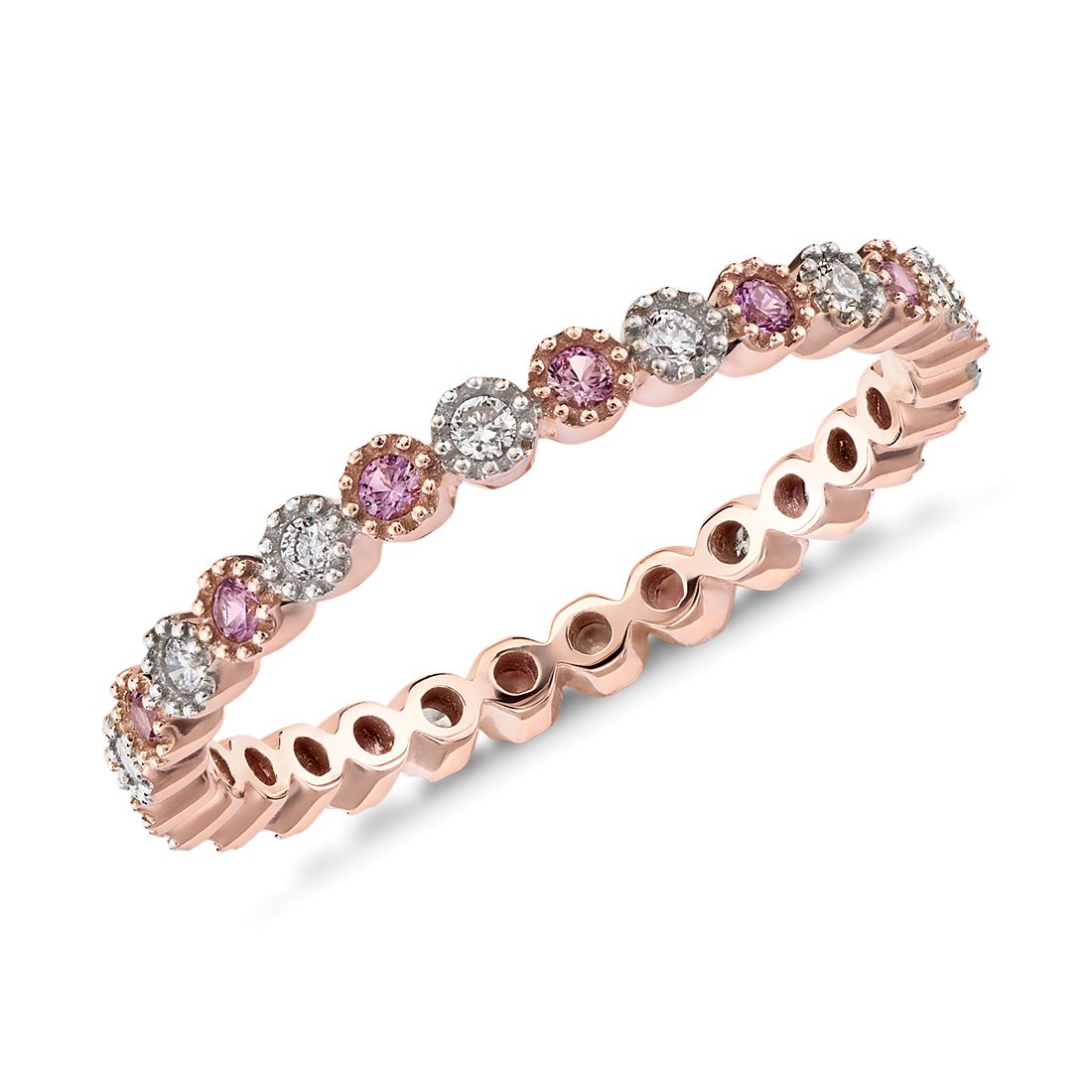 Pink Sapphire and Diamond Eternity Ring in 14k Rose Gold (1.3mm)