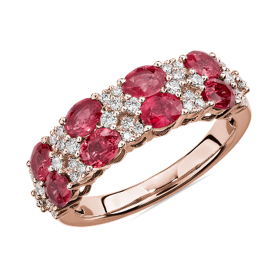 Oval Ruby & Round Diamond Double Row Ring in 14k Rose Gold | Blue Nile