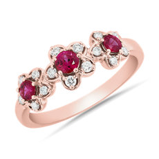 Ruby and Diamond Three Petite Flower Ring in 18k Rose Gold