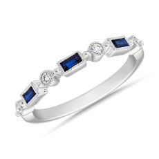 18k 白金长方形蓝宝石和圆点钻石锯状滚边时尚戒指