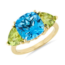 Cushion Swiss Blue Topaz and Peridot Trillion Ring in 14k Yellow Gold