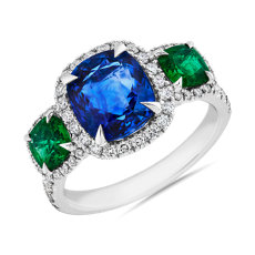 Three Stone Sapphire and Emerald Ring with Diamond Halo in 18k White Gold